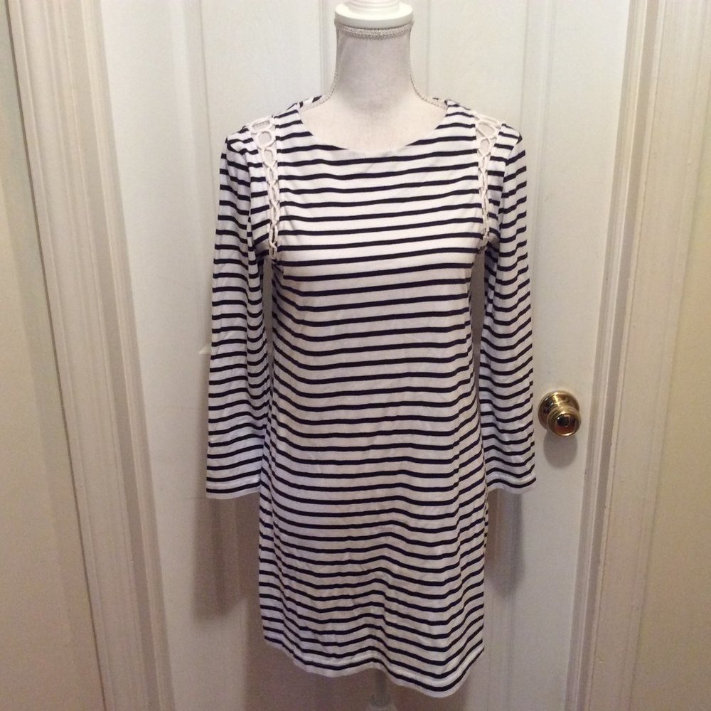 A.L.C. Dress S White Dark Blue Stripe Lace-Up